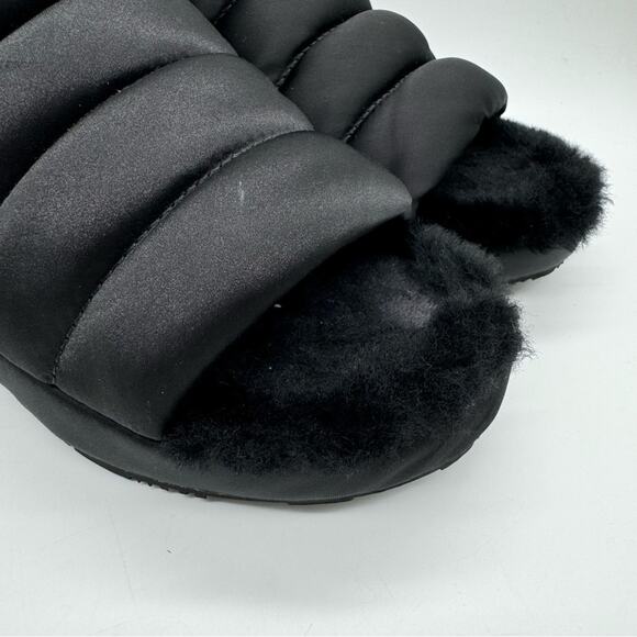 UGG Puff Yeah Slingback Wedge Slide Sandal Lounge Slipper Fuzzy Satin Black Sz 7 - Picture 4 of 12